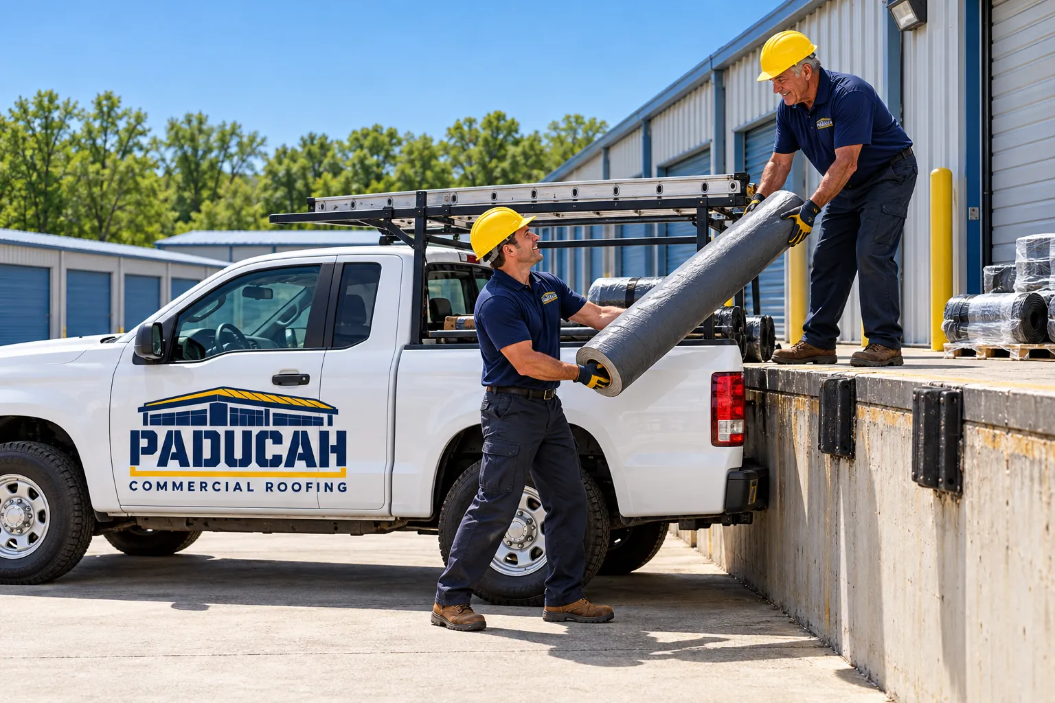 Roofing crew truck staged beside a commercial building with materials