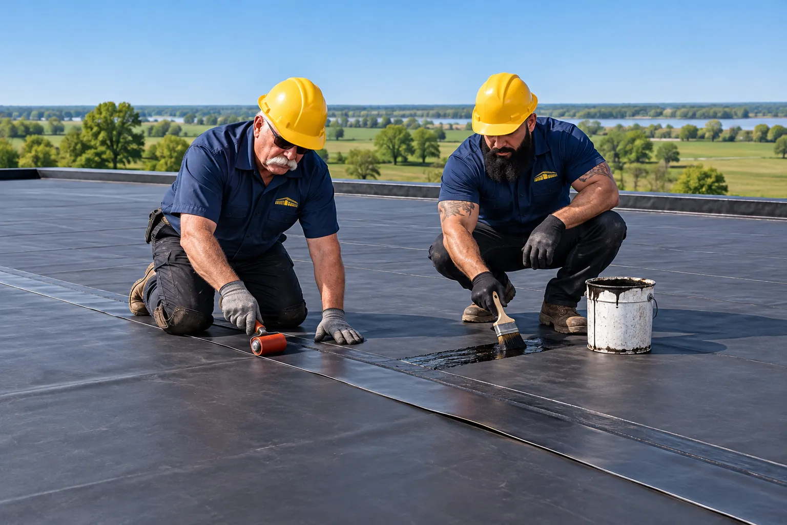 Crew rolling out black EPDM rubber membrane on a commercial roof