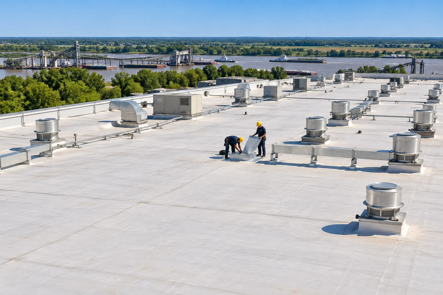 Aerial view of a large industrial roof with rooftop units and drains
