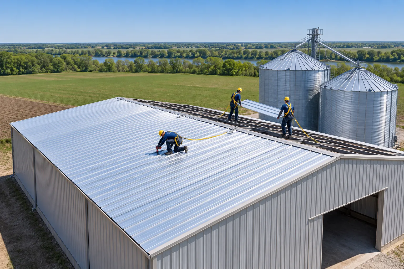 Roofers fastening metal roof panels on a commercial building