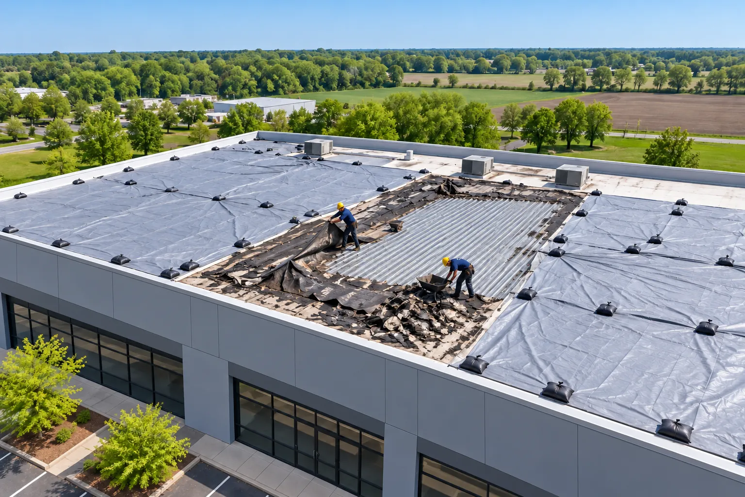 Crew tearing off an old commercial roof down to the deck